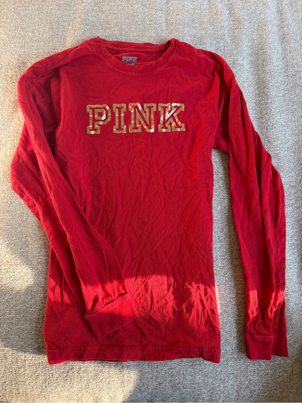 Victoria's Secret PINK Red Long Sleeve Tee with Gold Lettering❤️